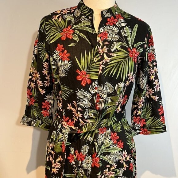 Vicci Germany 100% linen floral button down belted midi dress size (40) US8-10 - Picture 2 of 10